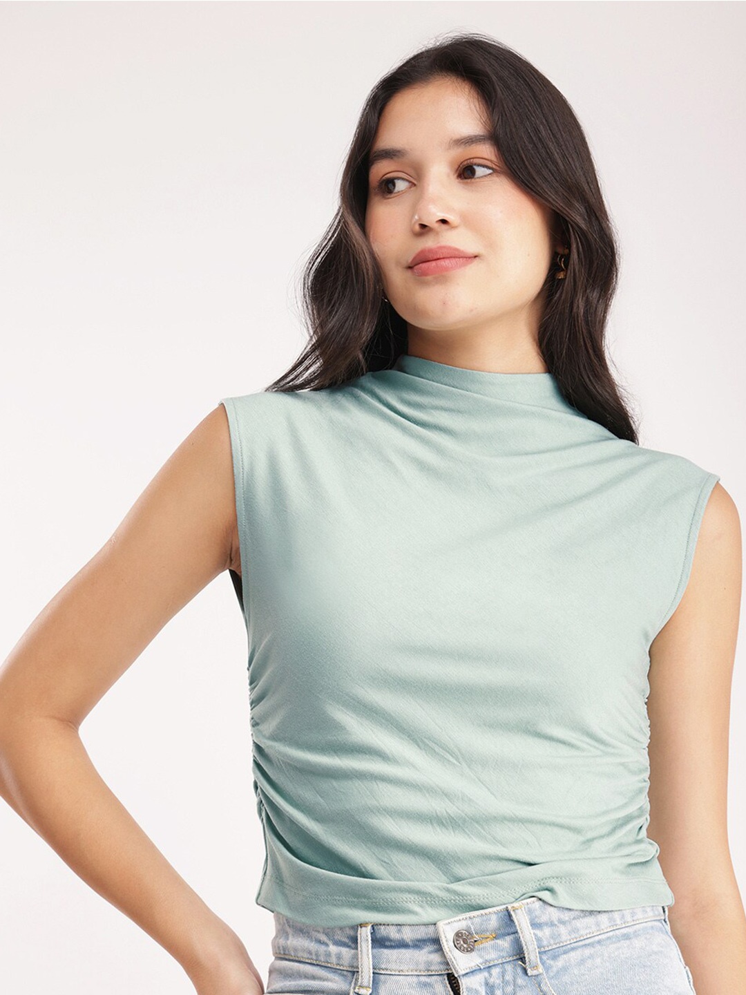 

FableStreet High Neck Regular Cotton Ruched Top, Green