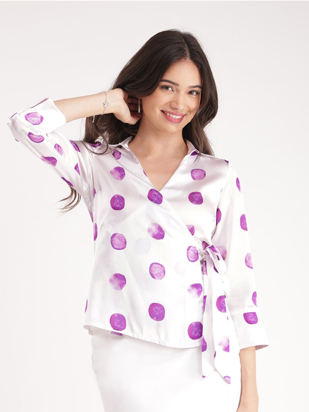 

FableStreet Polka Dot Printed Satin Wrap Top, White