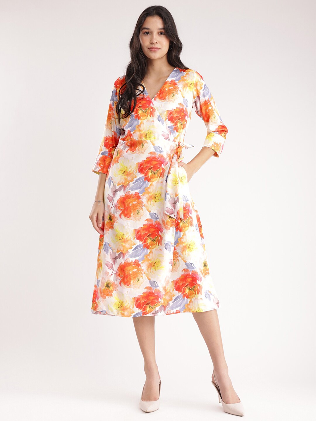 

FableStreet Floral Printed A-Line Midi Dress, Orange