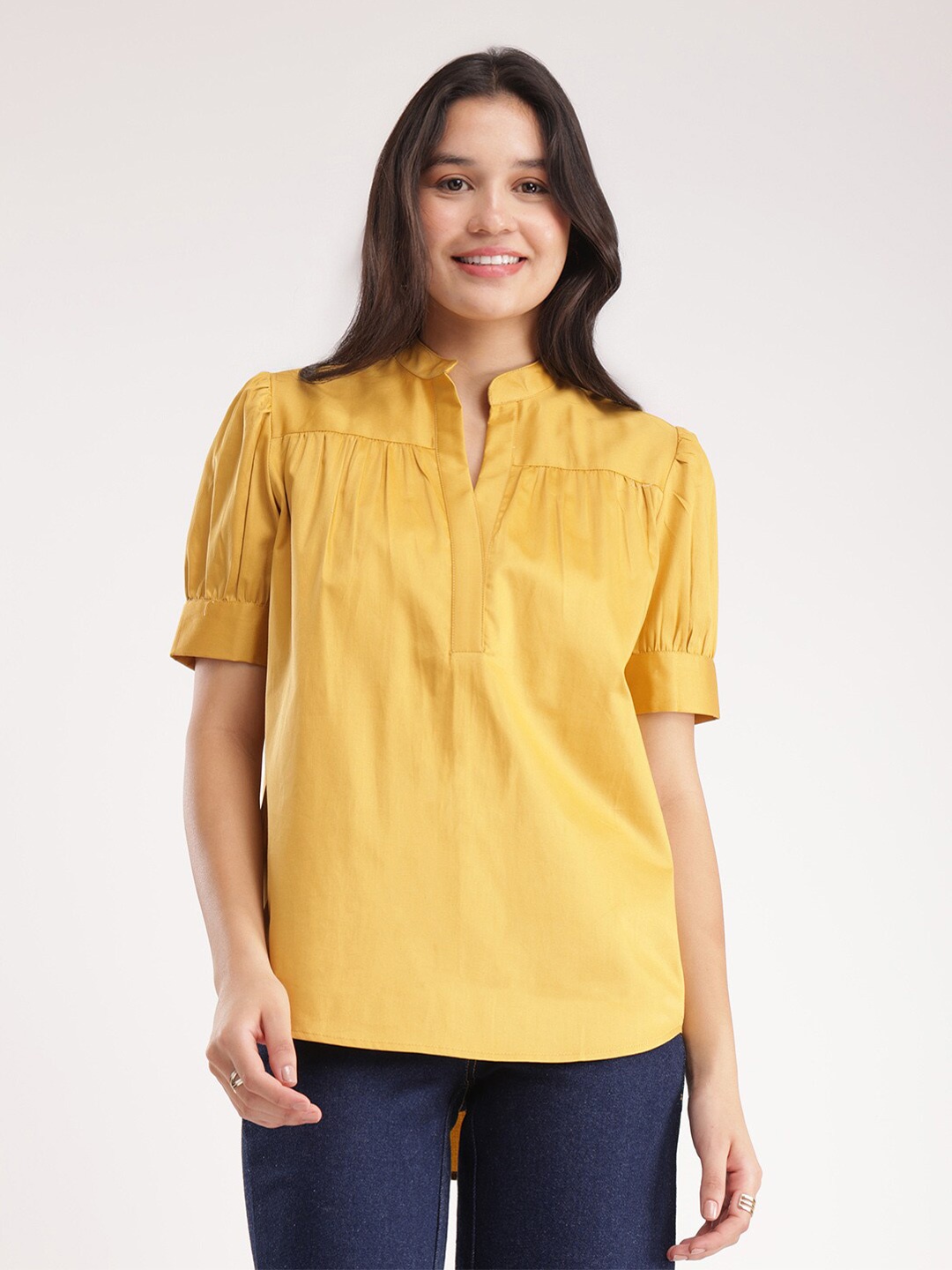 

FableStreet Mandarin Collar Puff Sleeve Cotton Shirt Style Top, Mustard