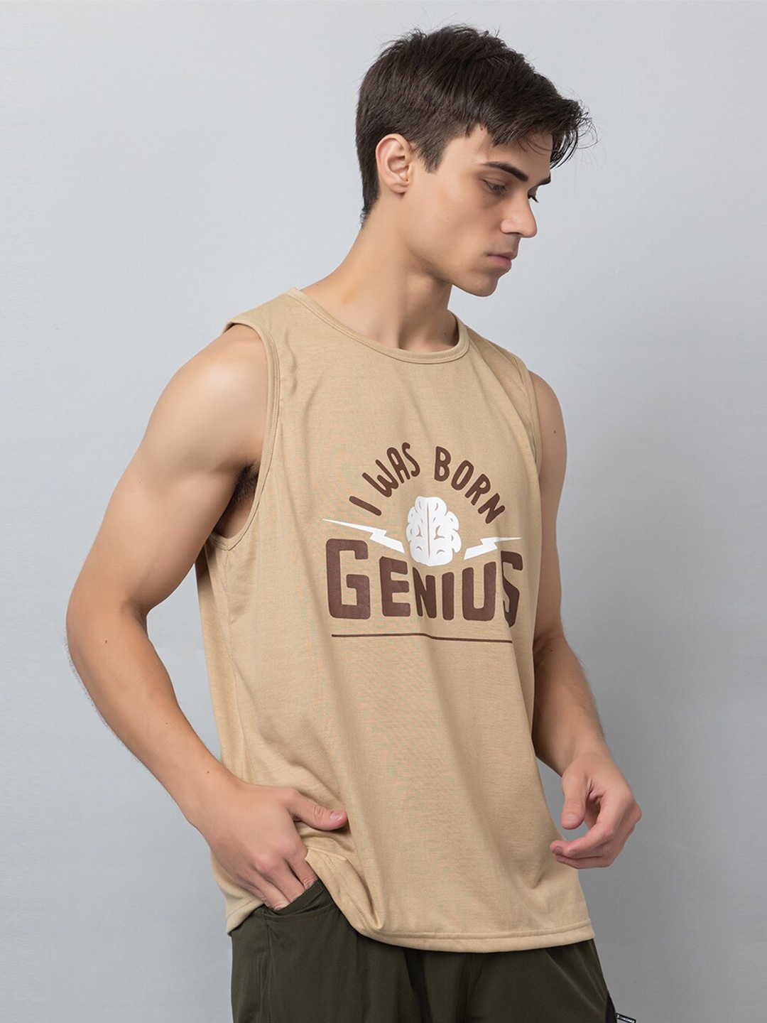 

CHKOKKO Round Neck Typography Printed Regular Fit T-shirt, Khaki
