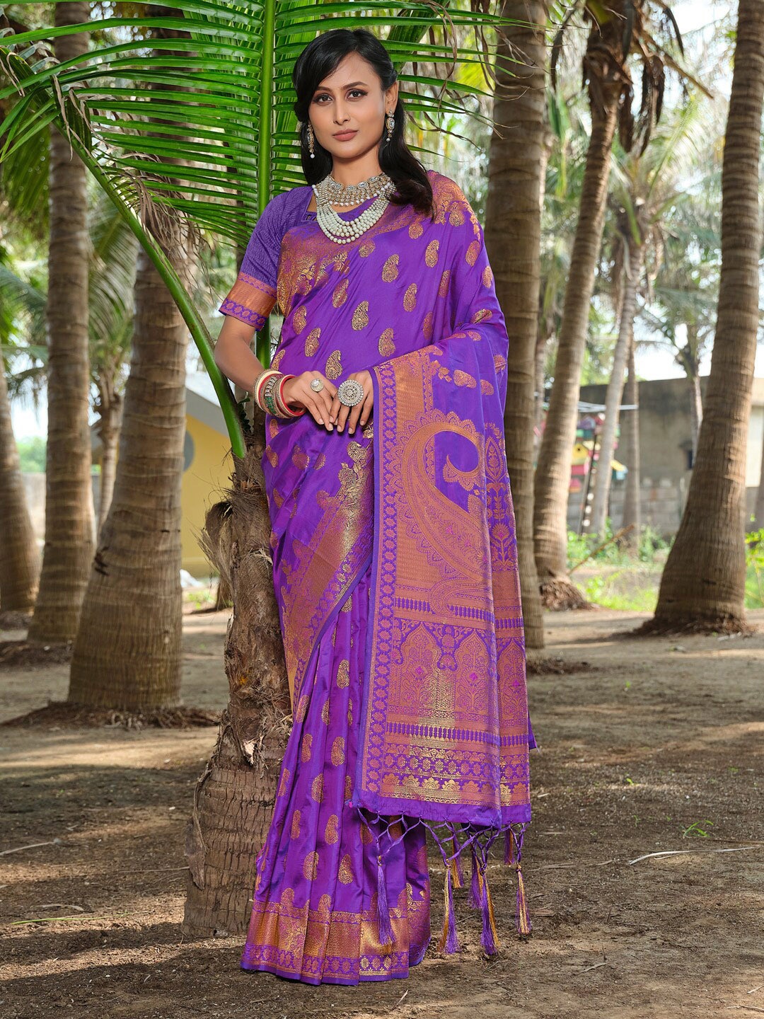 

Fashion Petals Ethnic Motifs Woven Design Zari Banarasi Saree, Violet