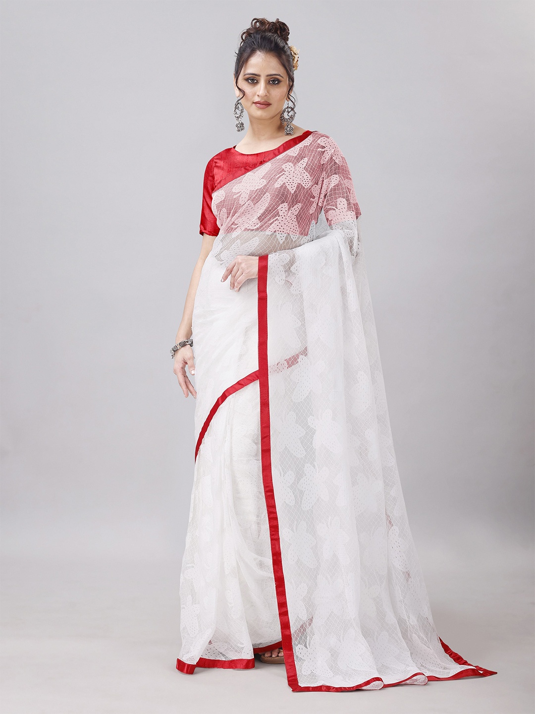 

LEOSAGI Floral Woven Design Net Maheshwari Saree, White