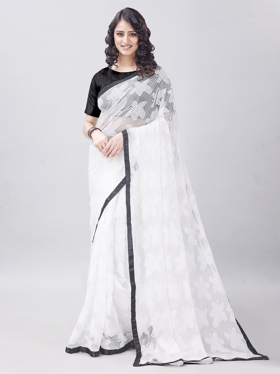 

LEOSAGI Ethnic Motifs Woven Design Net Maheshwari Saree, White