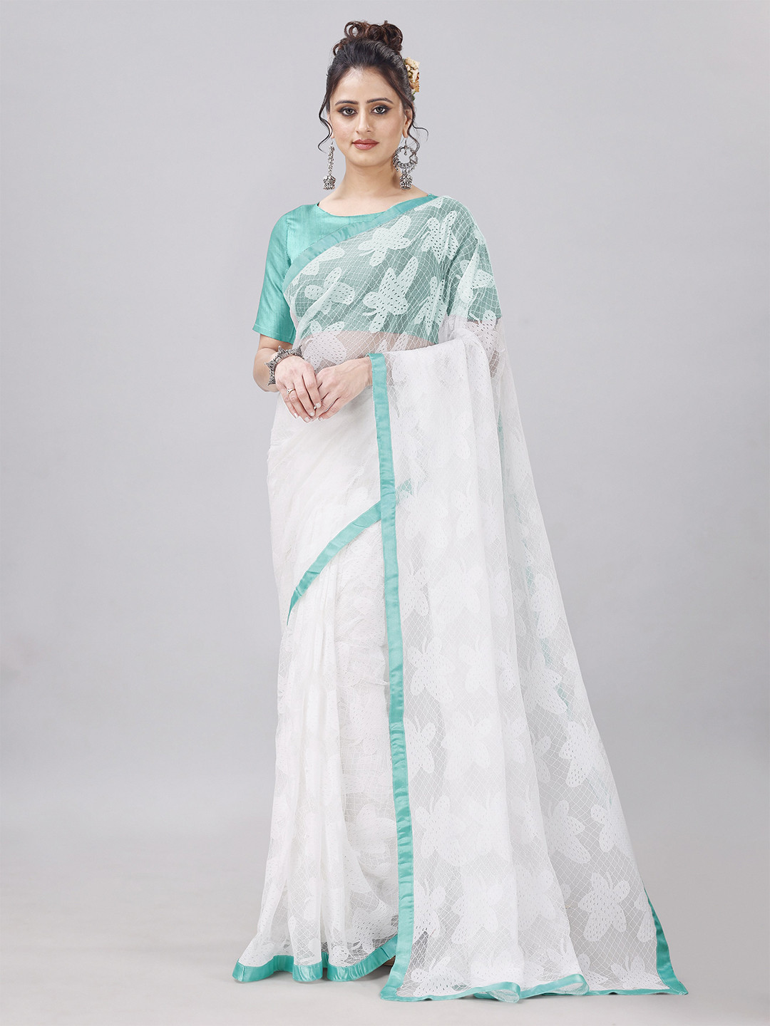 

LEOSAGI Floral Woven Design Net Maheshwari Saree, White