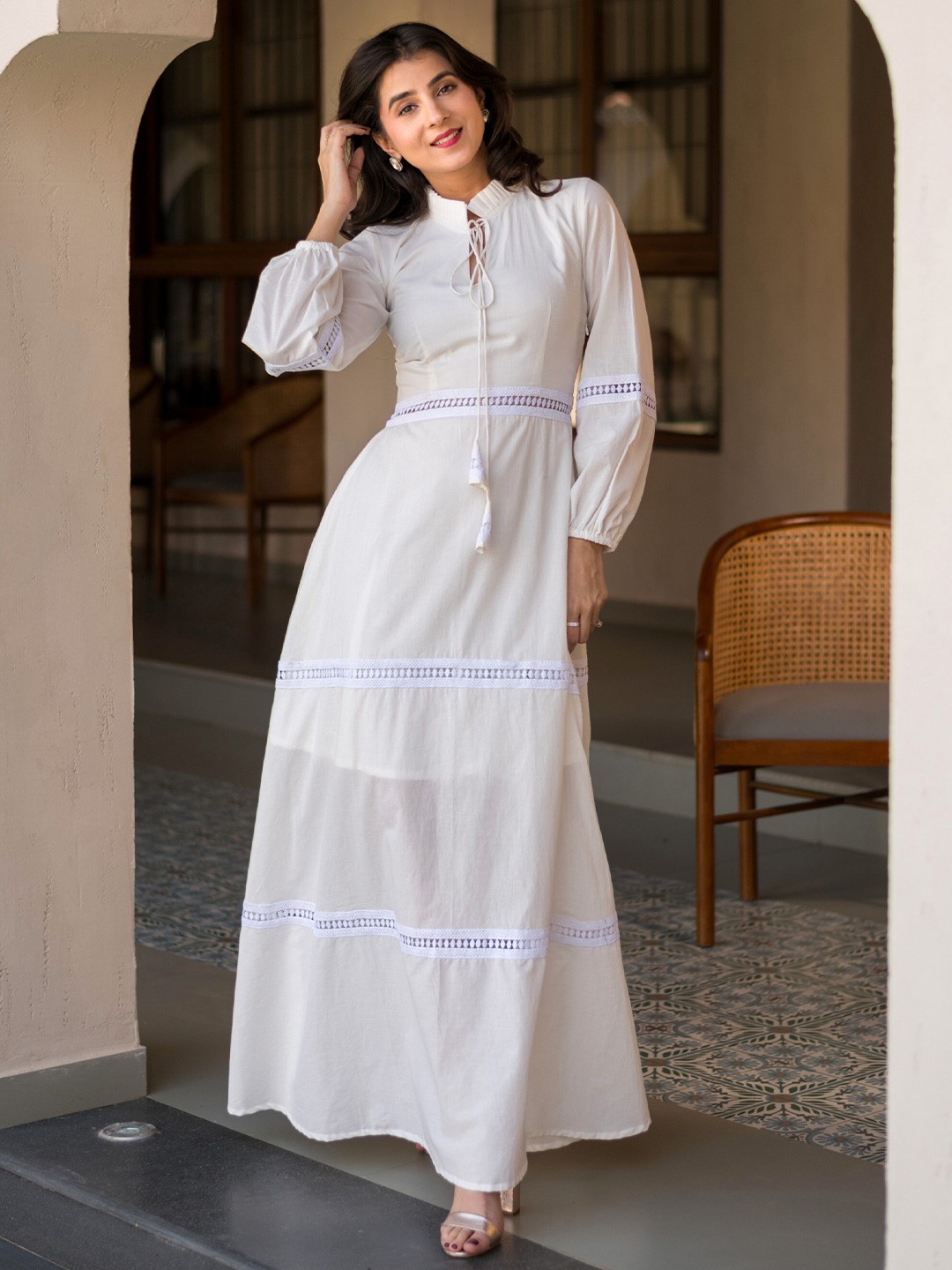 

Label Shaurya Sanadhya Tie-Up Neck Bell Sleeve Layered Cotton Maxi Dress, White
