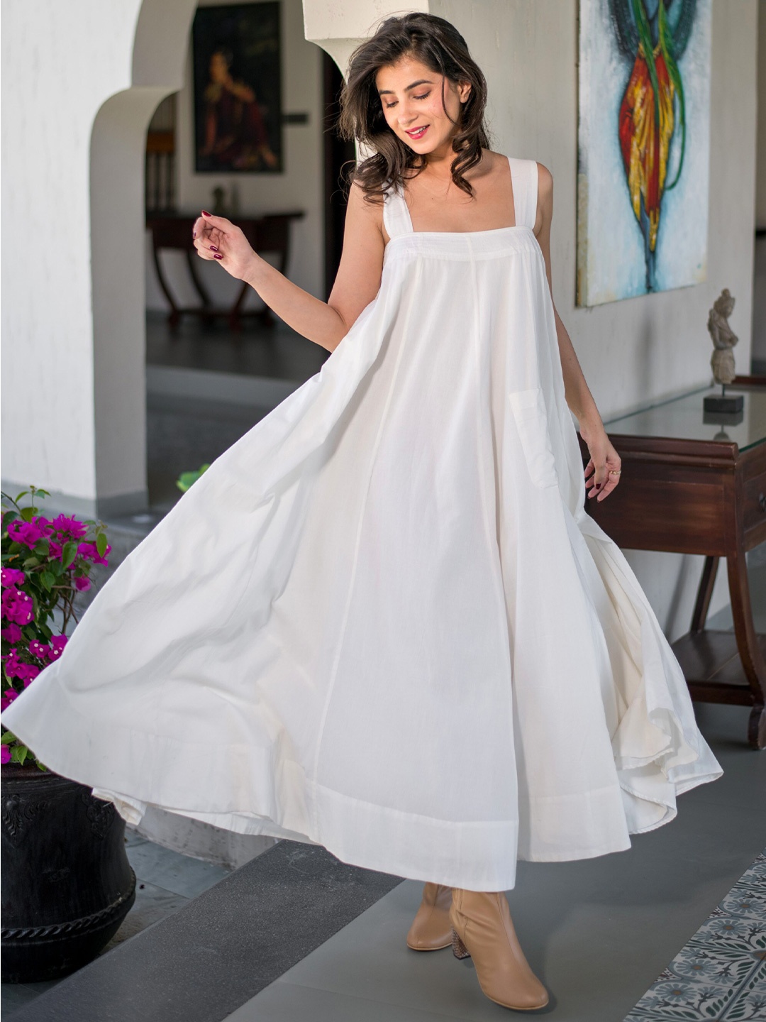 

Label Shaurya Sanadhya Square Neck Sleeveless Cotton Maxi Dress, White