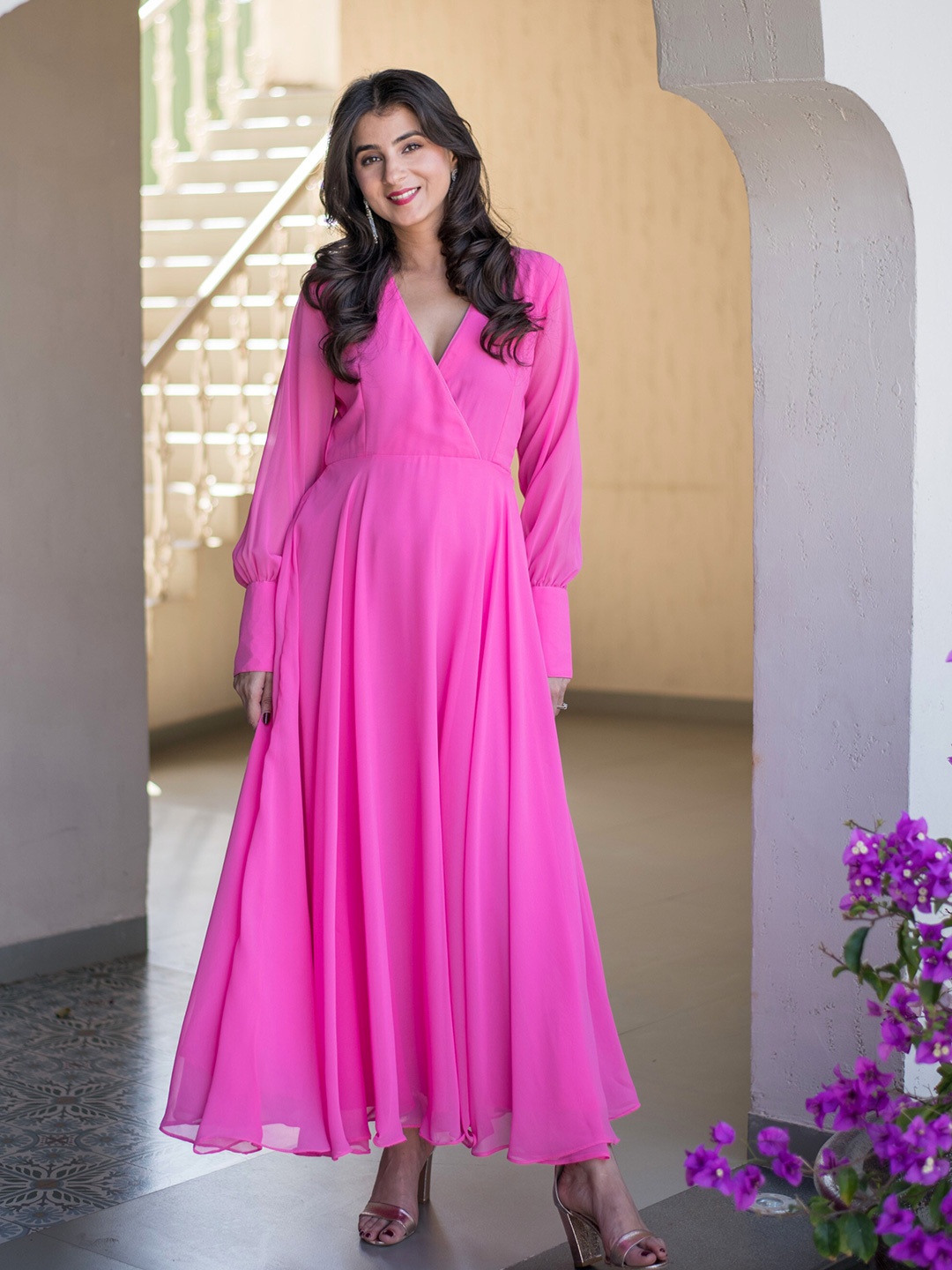 

Label Shaurya Sanadhya Georgette V-Neck Maxi Dress, Pink