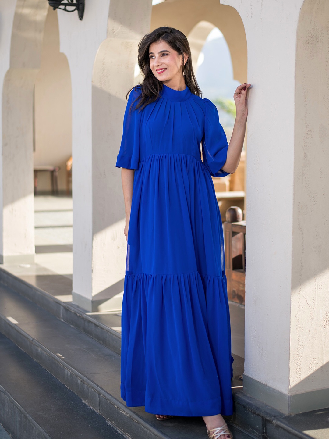 

Label Shaurya Sanadhya Round Neck Flared Sleeves Layered Georgette Maxi Dress, Blue