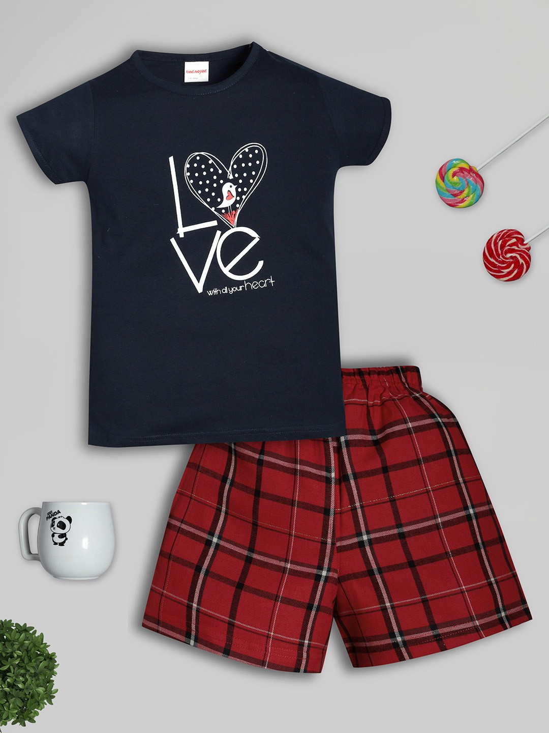 

RAINE AND JAINE Girls Printed Pure Cotton T-shirt With Shorts, Navy blue