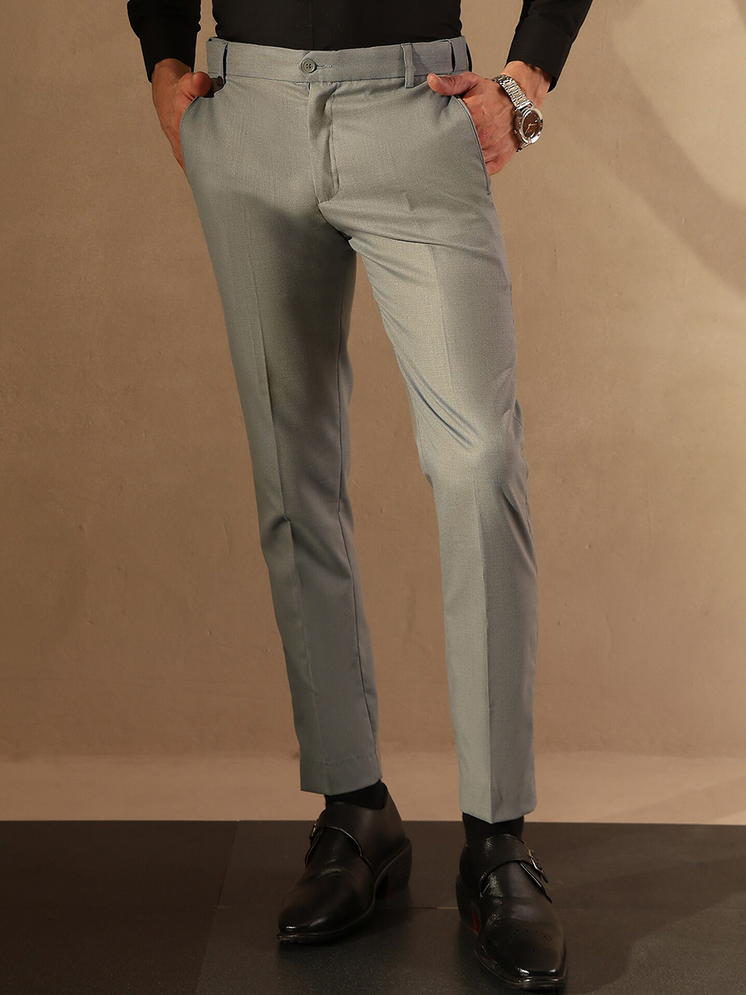 

DENNISON Men Textured Tapered Fit Flexi Waist Formal Trouser, Grey