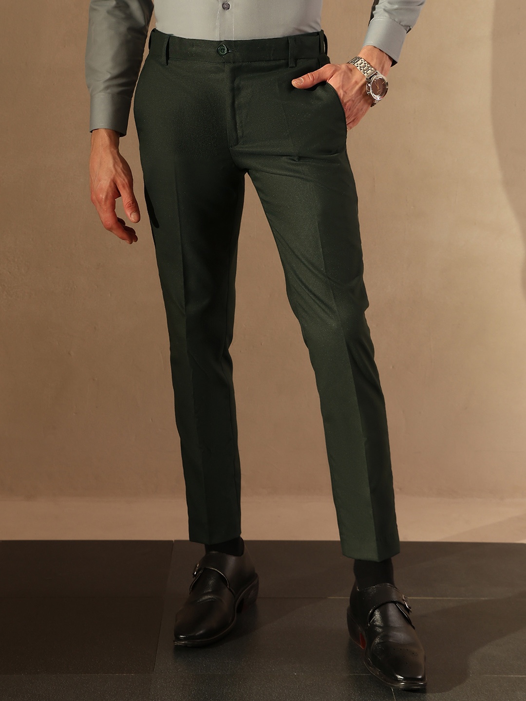 

DENNISON Men Tapered Fit Flexi Waist Formal Trouser, Olive