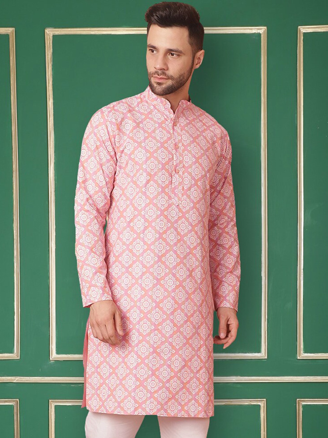 Jompers Floral Printed Mandarin Collar Thread Work Cotton Kurta, Peach