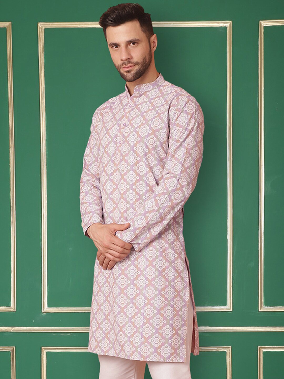Jompers Ethnic Motifs Printed Mandarin Collar Straight Kurta, Purple