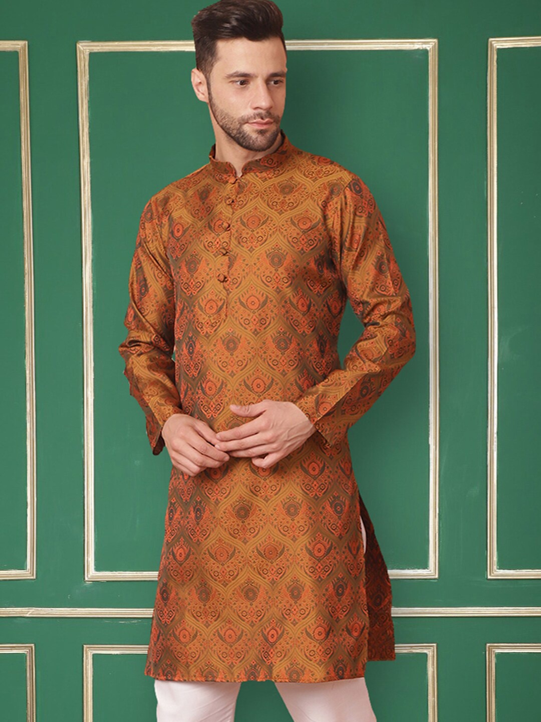 

Jompers Ethnic Motifs Woven Design Mandarin Collar Silk Cotton Straight Kurta, Mustard