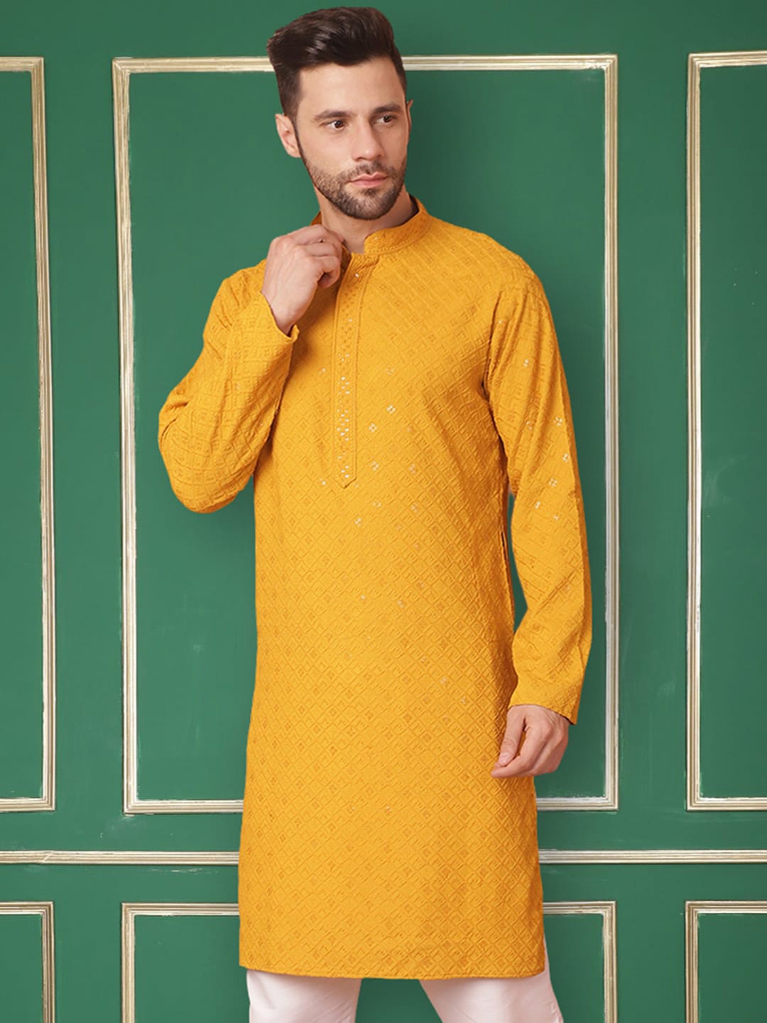 

Jompers Ethnic Motifs Embroidered Mandarin Collar A-Line Kurta, Mustard