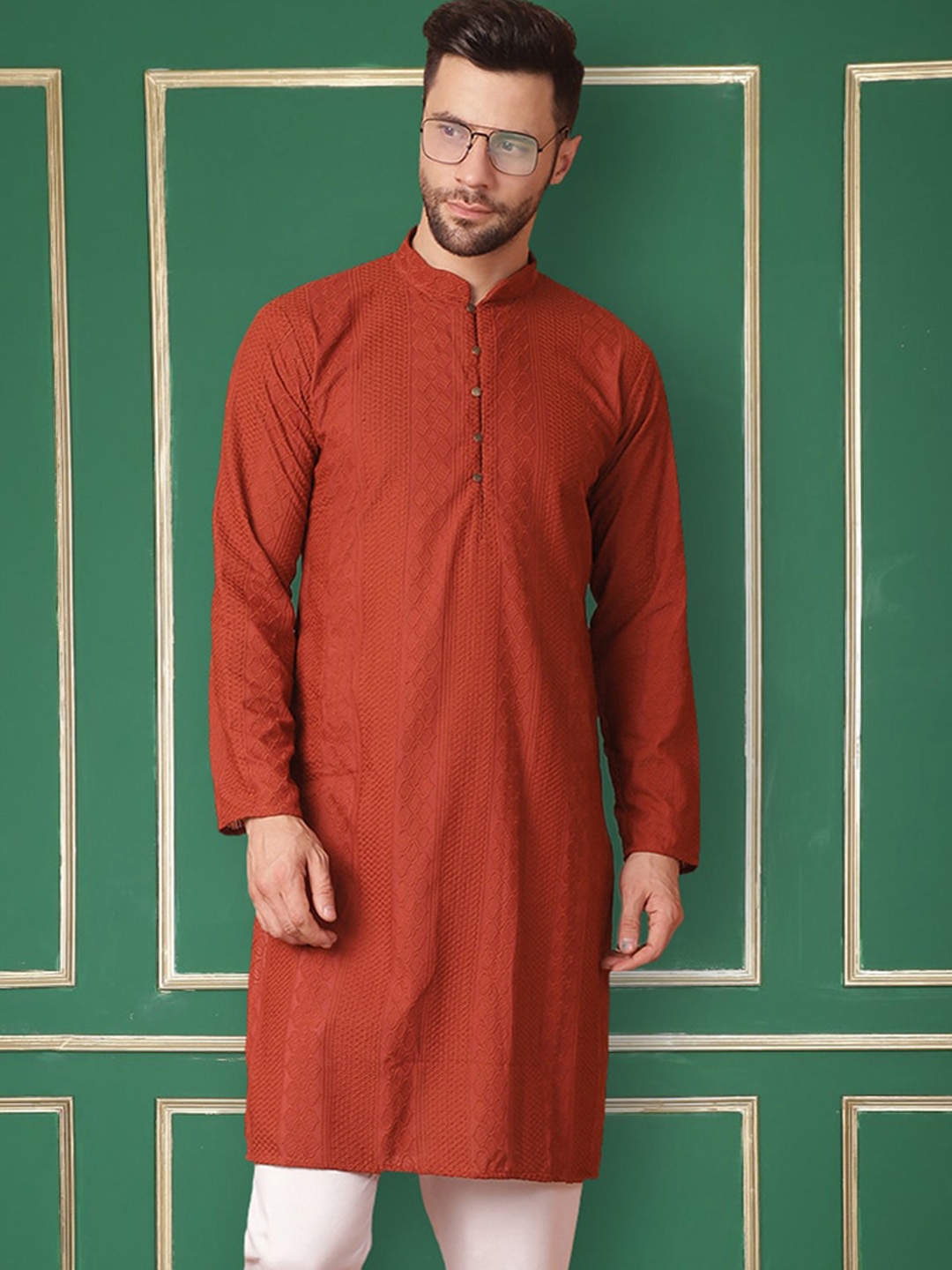 

Jompers Chikankari Embroidered Mandarin Collar Cotton Straight Kurta, Rust