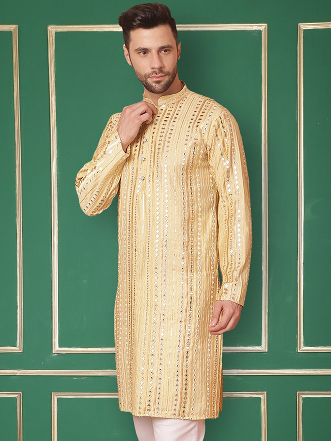 

Jompers Striped Embroidered Mirror Work Kurta, Gold