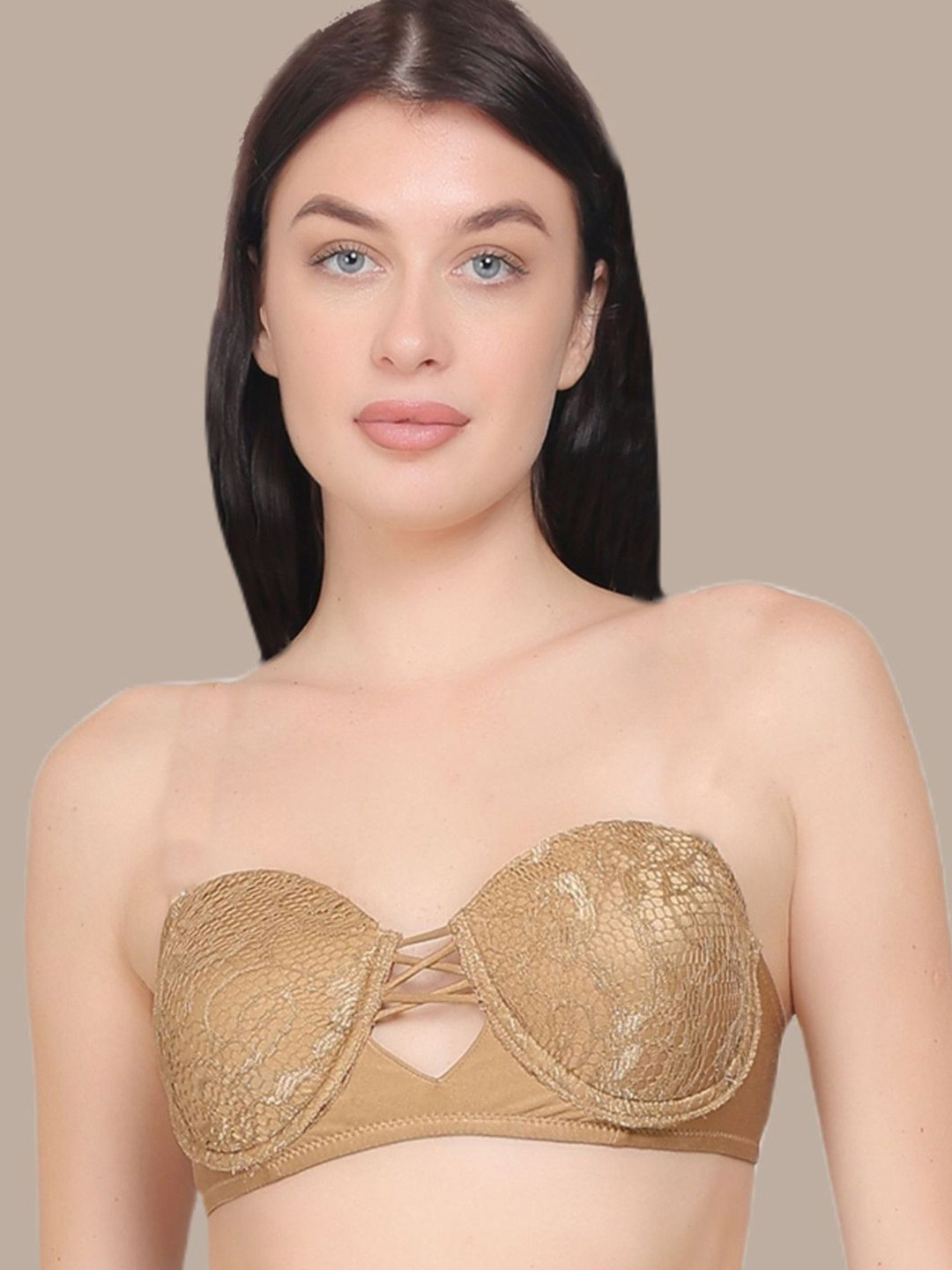 

CURWISH Floral Lace Medium Coverage Heavily Padded Balconette Bra With All Day Comfort, Brown