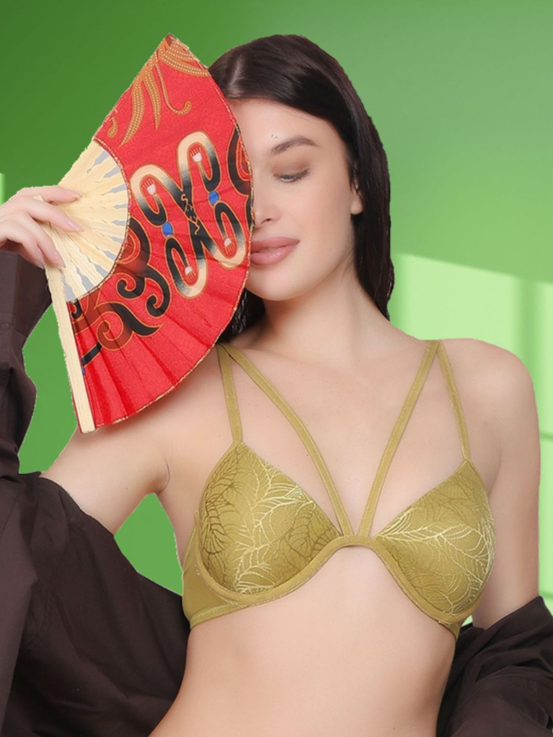

CURWISH Floral Push-Up Bra - Medium Coverage Underwired Heavily Padded, Olive