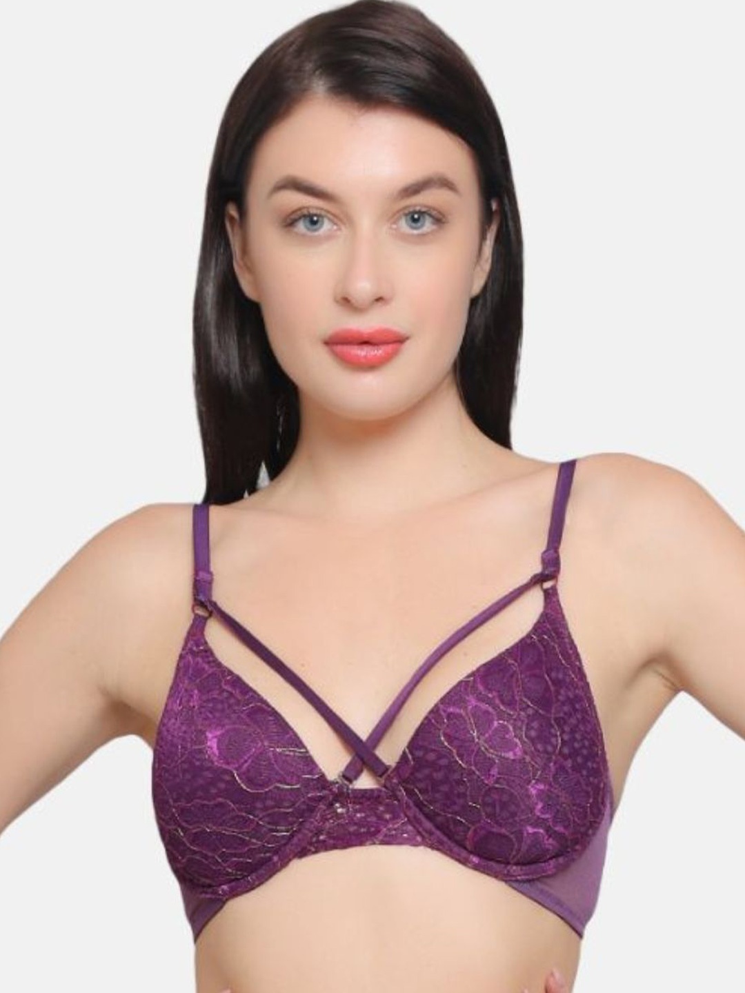 

CURWISH Floral Push-Up Bra - Medium Coverage Underwired Heavily Padded, Purple
