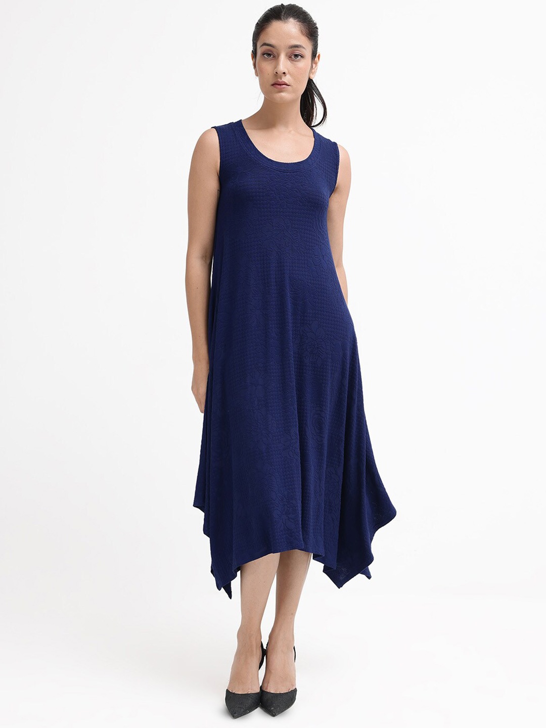 

RAREISM Round Neck Cotton A-Line Midi Dress, Blue
