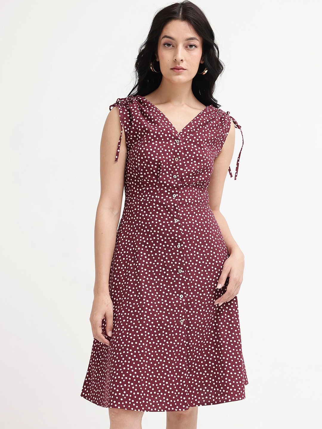 

RAREISM Polka Dot Printed Cotton Fit & Flare Dress, Brown