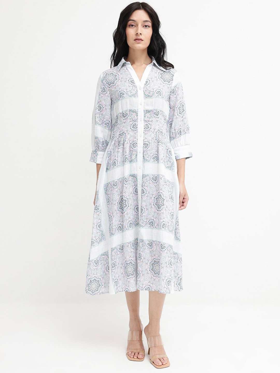 

RAREISM Ethnic Motifs Printed A-Line Cotton Midi Dress, White