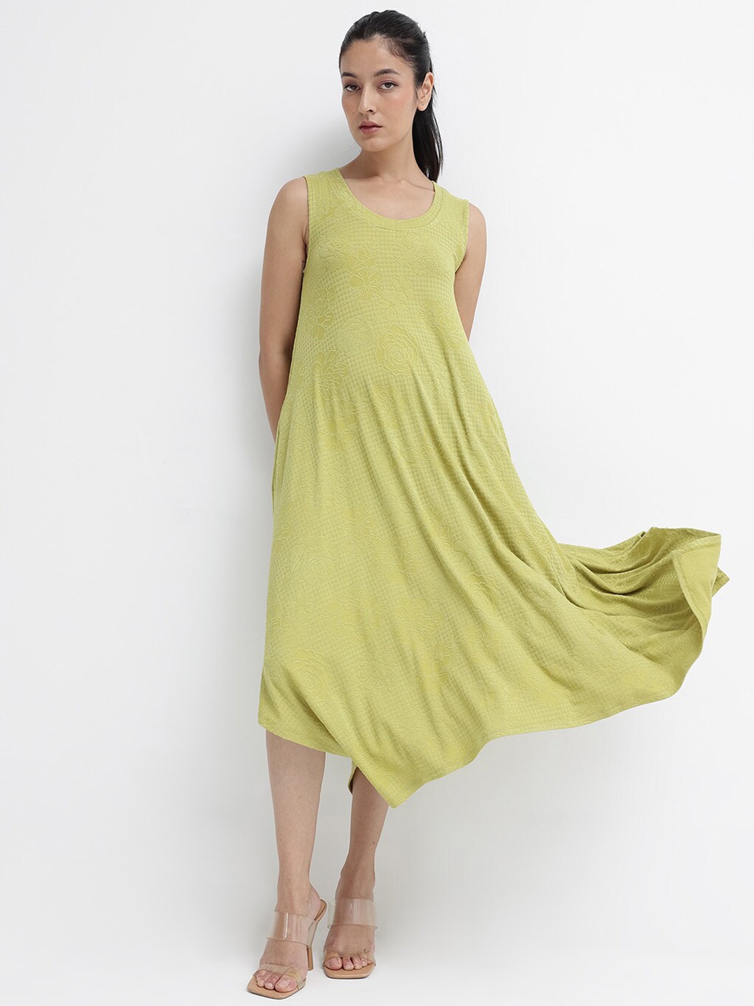 

RAREISM Round Neck A-Line Midi Dress, Green