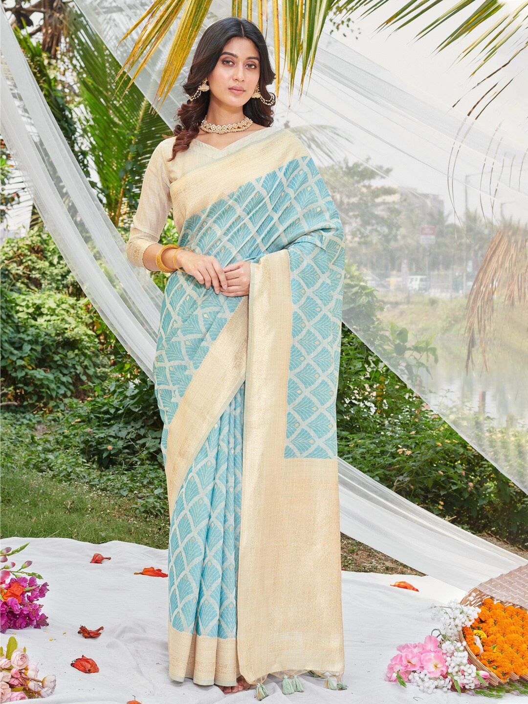 

SANGAM PRINTS Ethnic Motifs Woven Design Cotton Blend Zari Saree, Blue