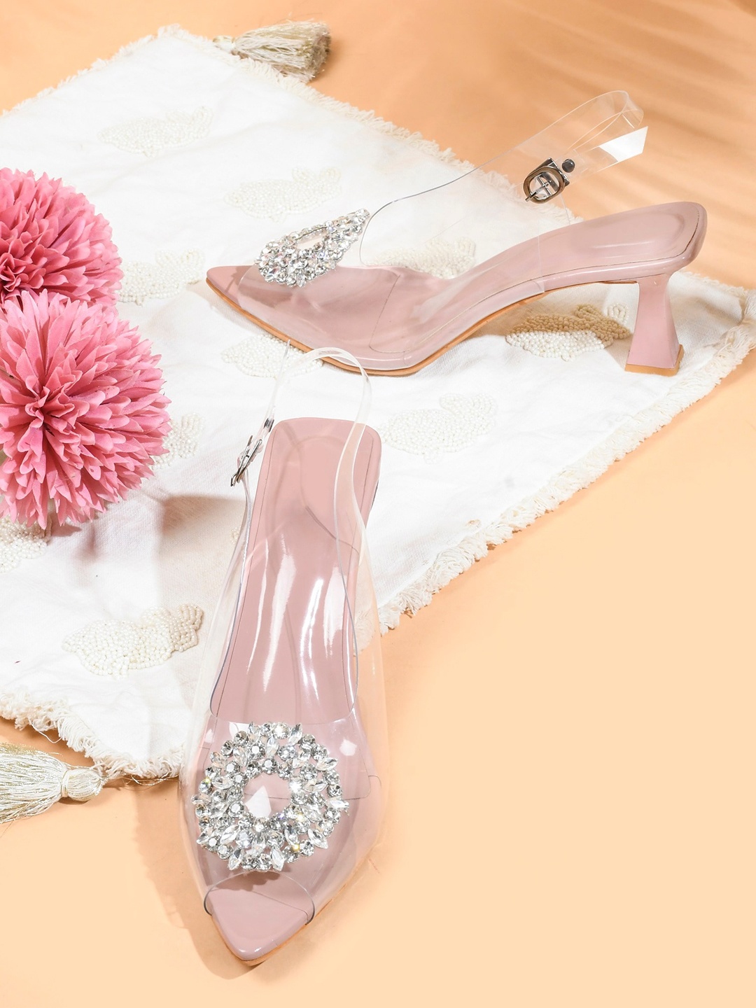 

Try Me Embellished Peep Toe Backstrap Block Heels, Pink