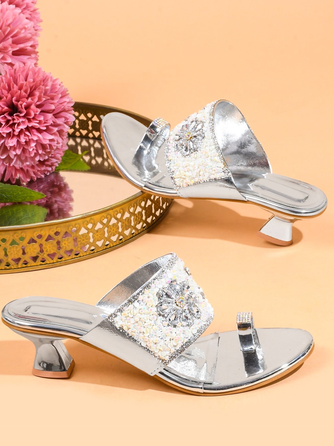 

Try Me Embellished One Toe Block Heels, White