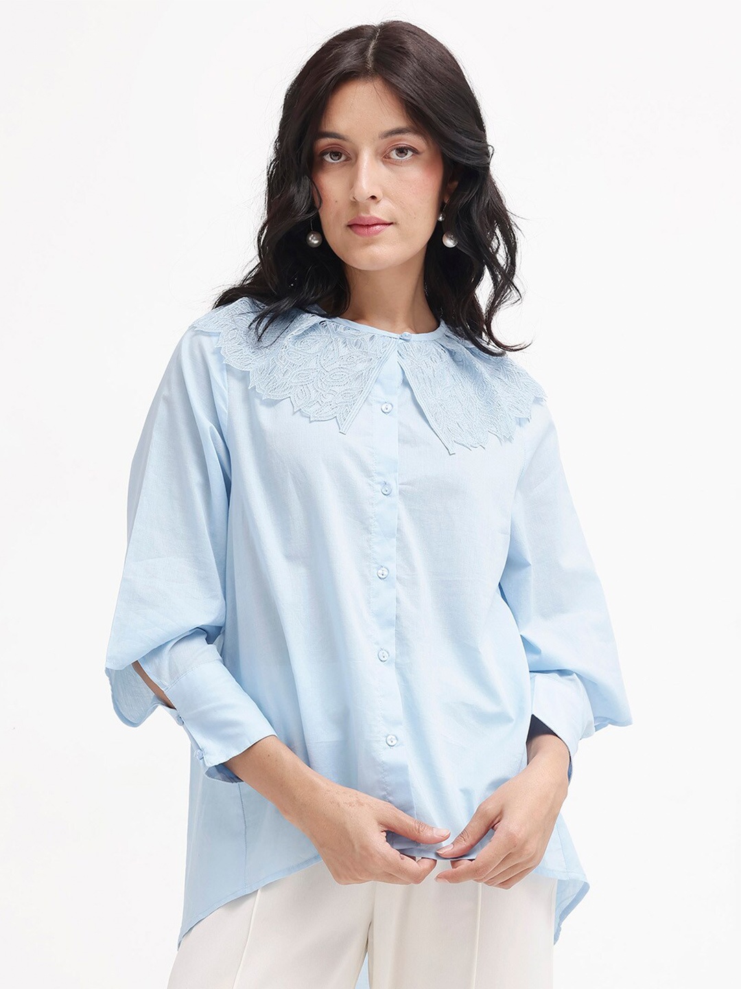 

RAREISM Comfort Peter Pan Collar Opaque Cotton Casual Shirt, Blue