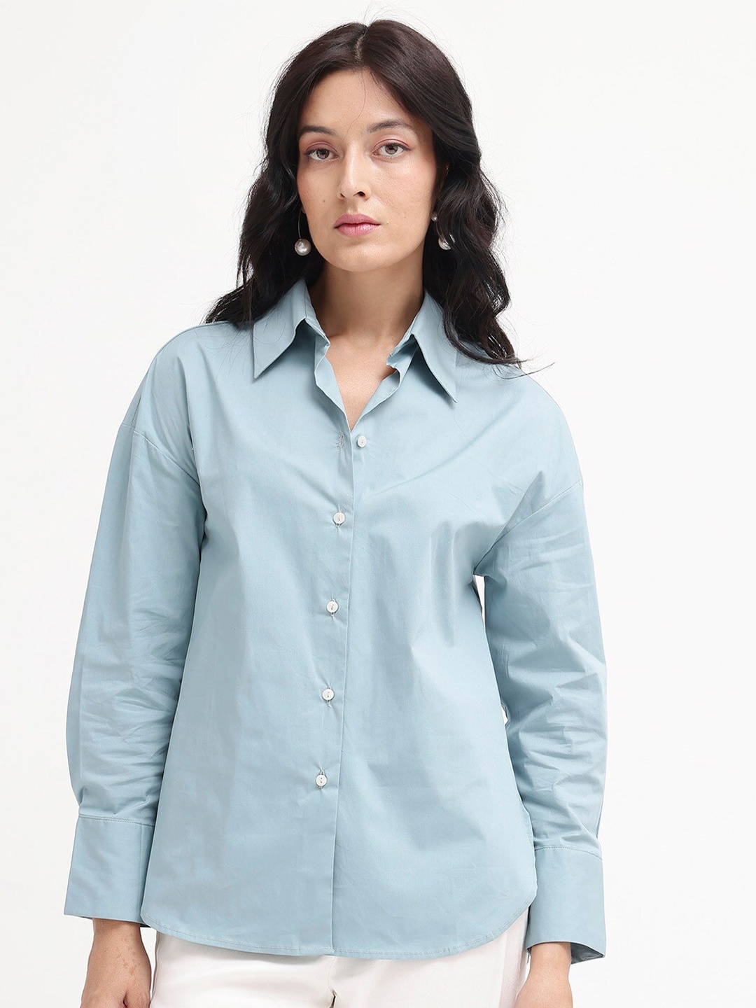 

RAREISM Comfort Spread Collar Boxy Opaque Cotton Formal Shirt, Blue