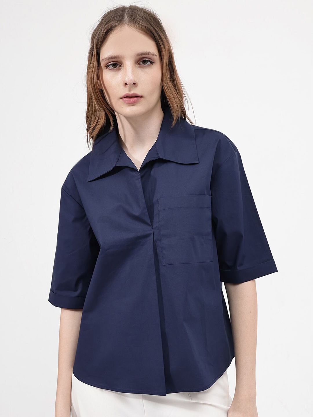 

RAREISM Comfort Spread Collar Opaque Cotton Casual Shirt, Navy blue