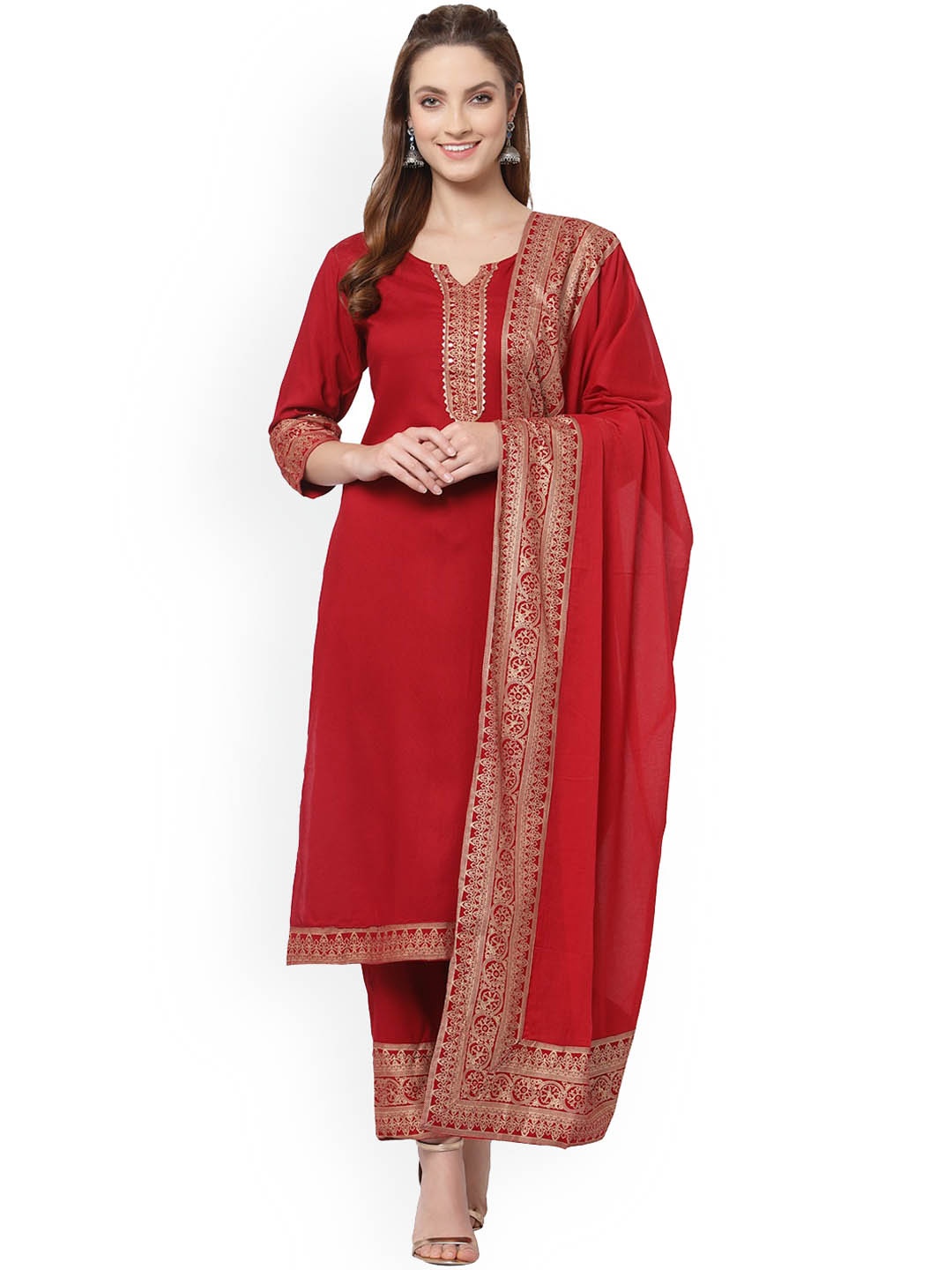 

AARYAHI Ethnic Motifs Yoke Design Regular Gotta Patti Kurta With Trousers & Dupatta, Red