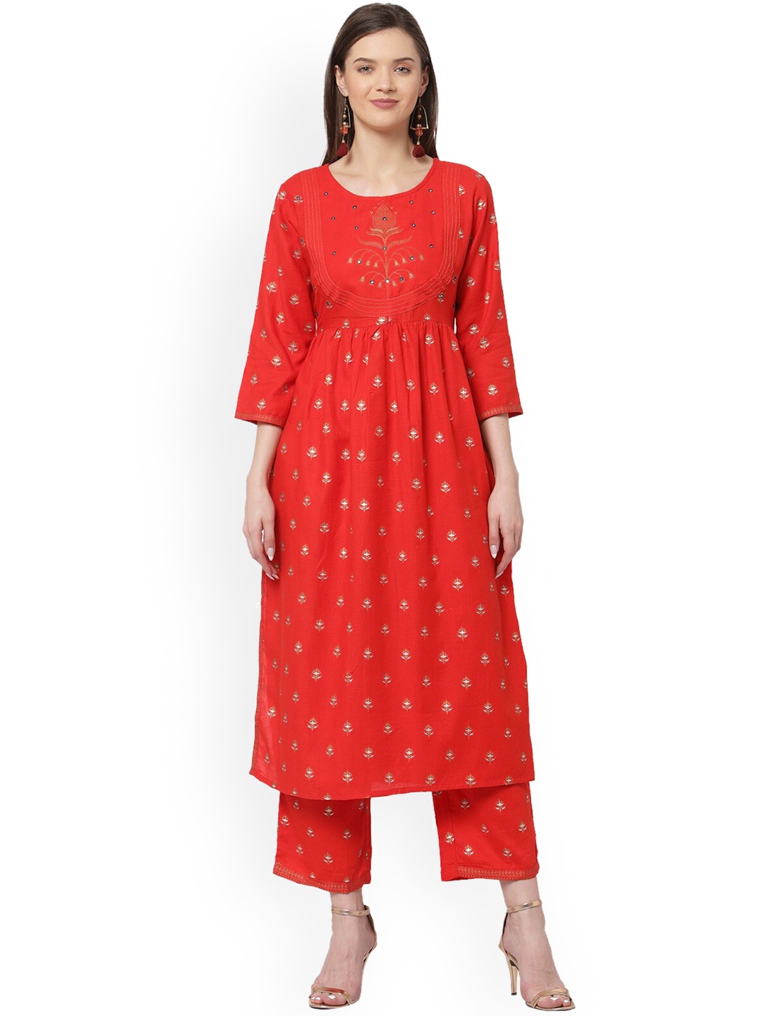 

AARYAHI Floral Printed Regular Mirror Work Kurta with Trousers, Red