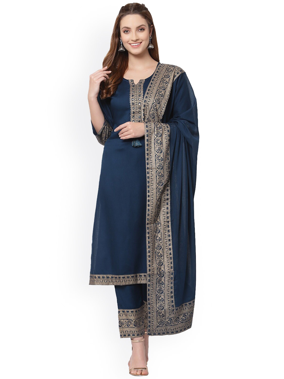

AARYAHI Ethnic Motifs Yoke Design Regular Gotta Patti Kurta With Trousers & Dupatta, Blue