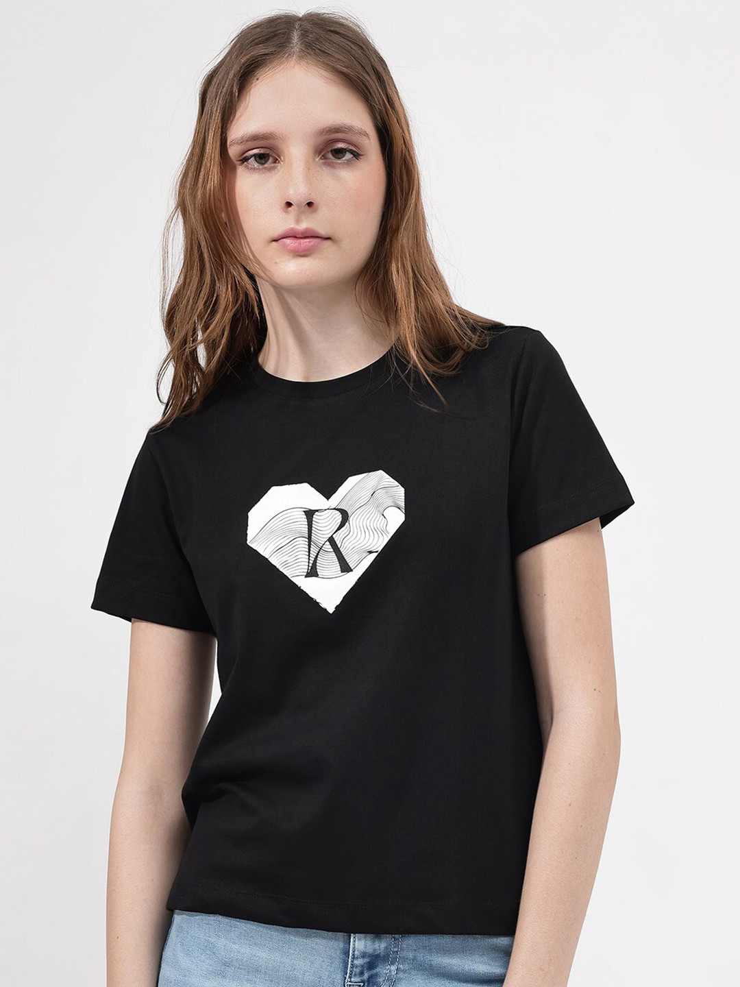 

RAREISM Printed Round Neck Cotton T-shirt, Black