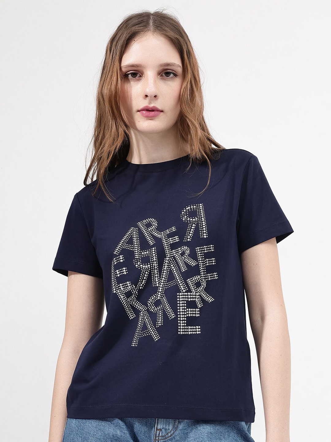 

RAREISM Printed Round Neck Cotton T-shirt, Navy blue