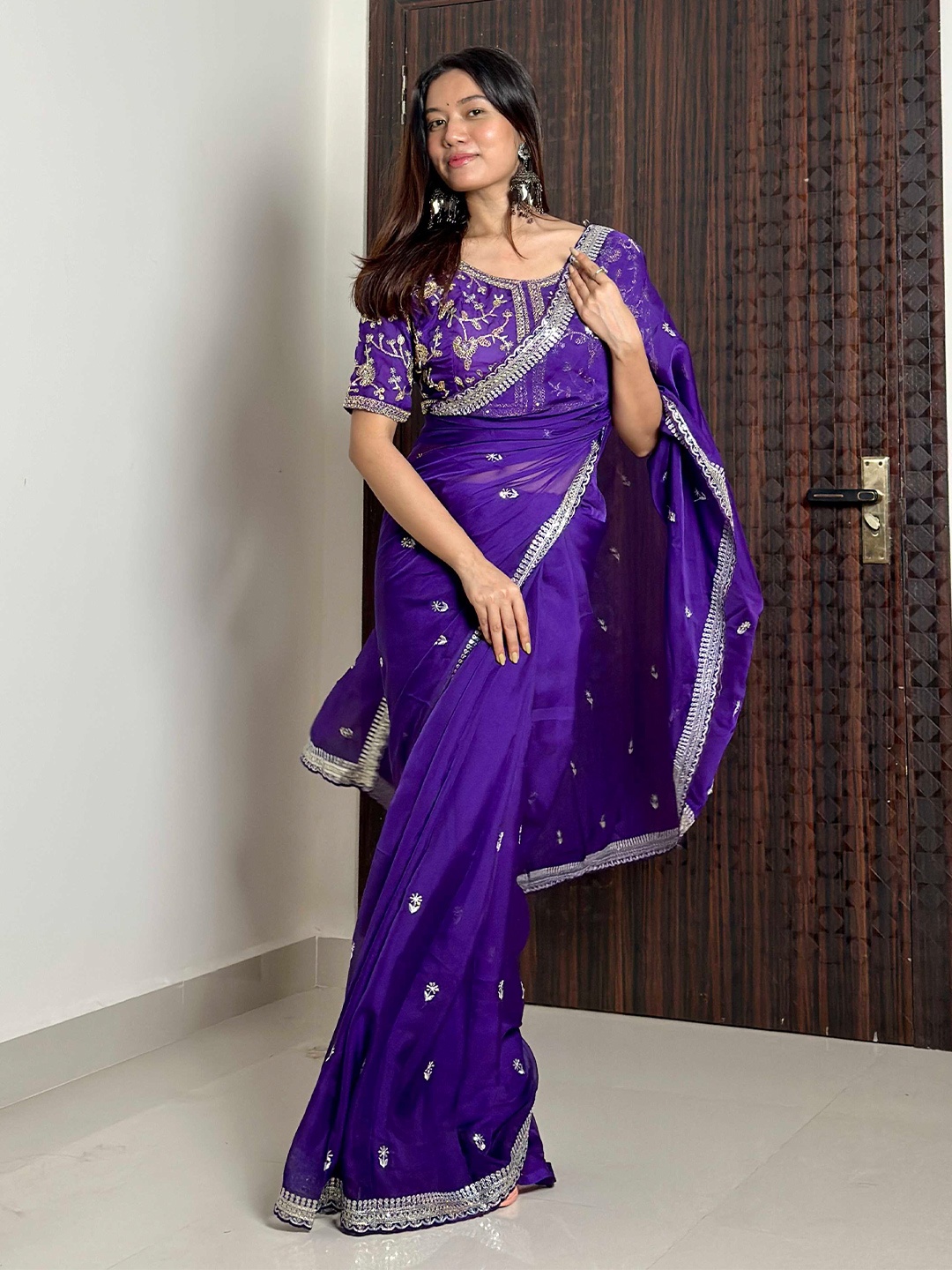 

Mitera Floral Sequinned Organza Saree, Violet