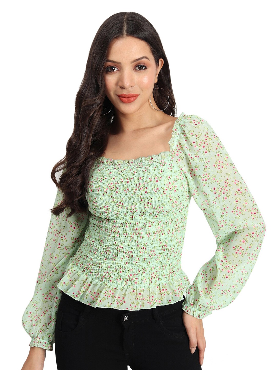 

BAESD Floral Print Square Neck Long Puff Sleeve Top, Green