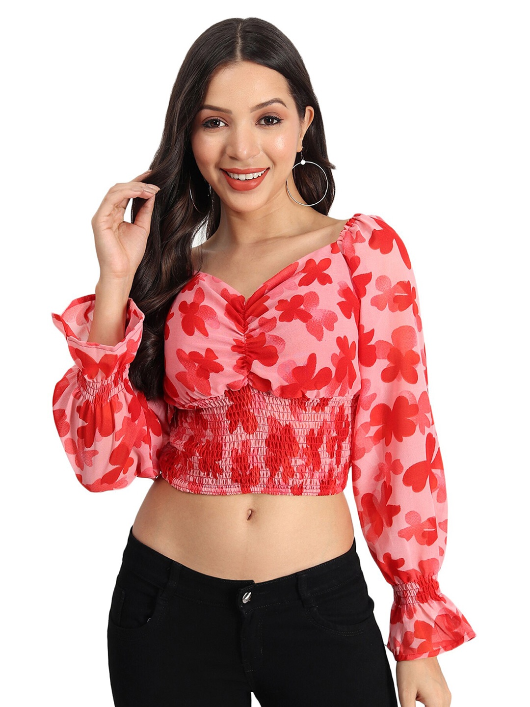 

BAESD Floral Print Sweetheart Neck Long Bell Sleeve Crop Top, Red