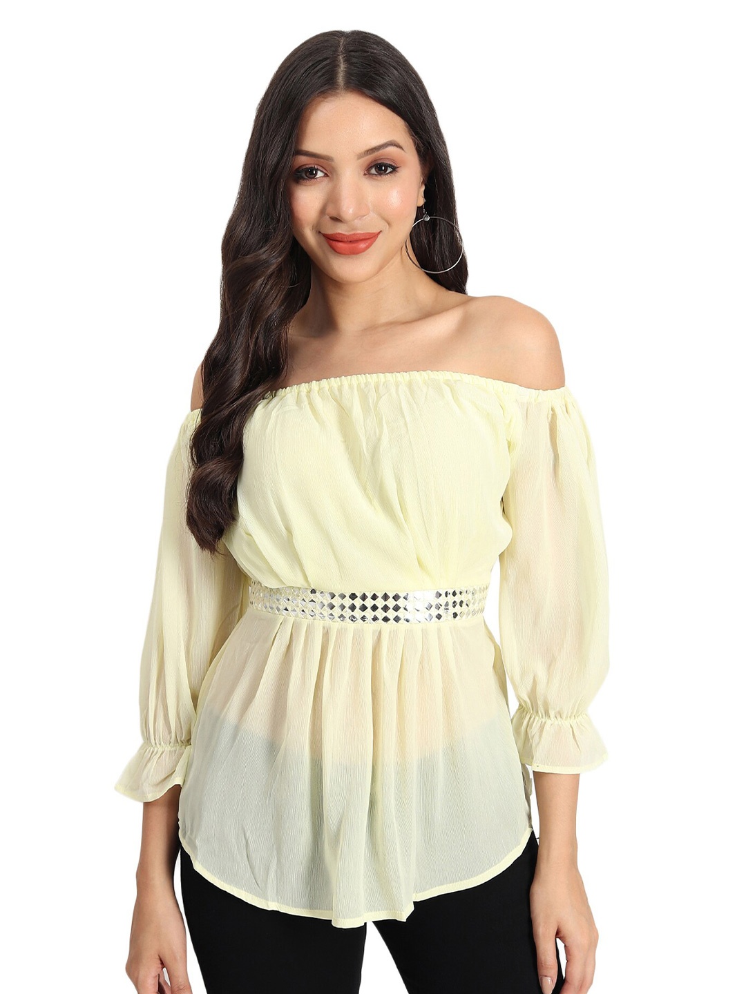 

BAESD Off-Shoulder Cuffed Sleeves Georgette Bardot Top, Yellow