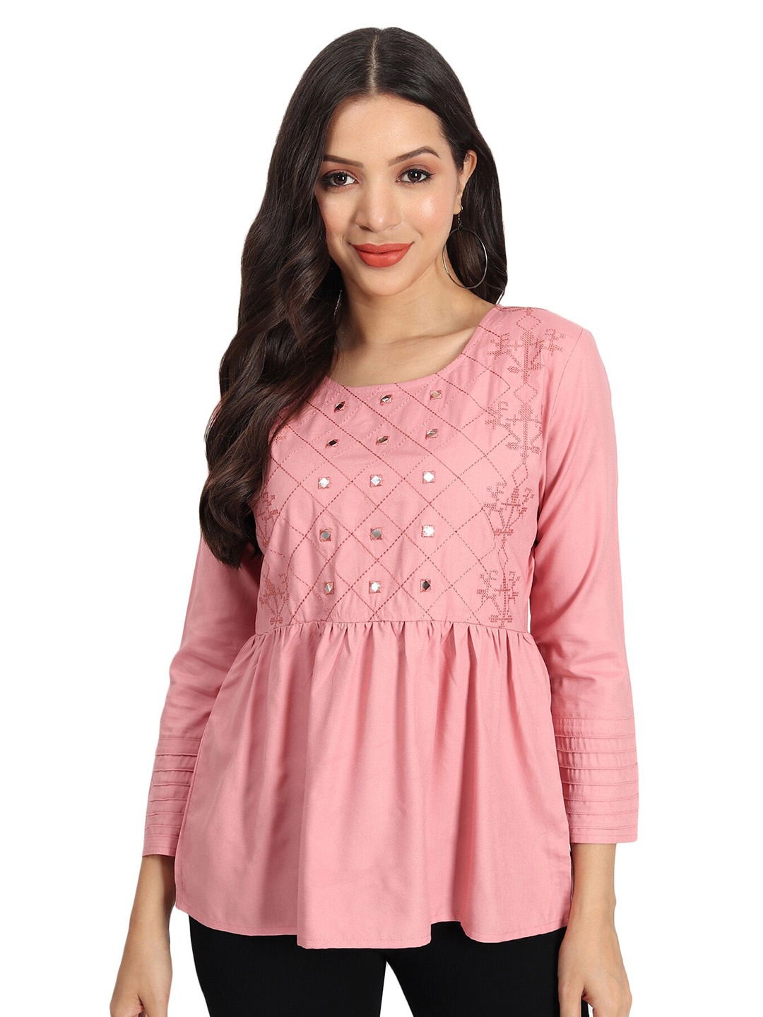 

BAESD Round Neck Embellished A-Line Top, Pink