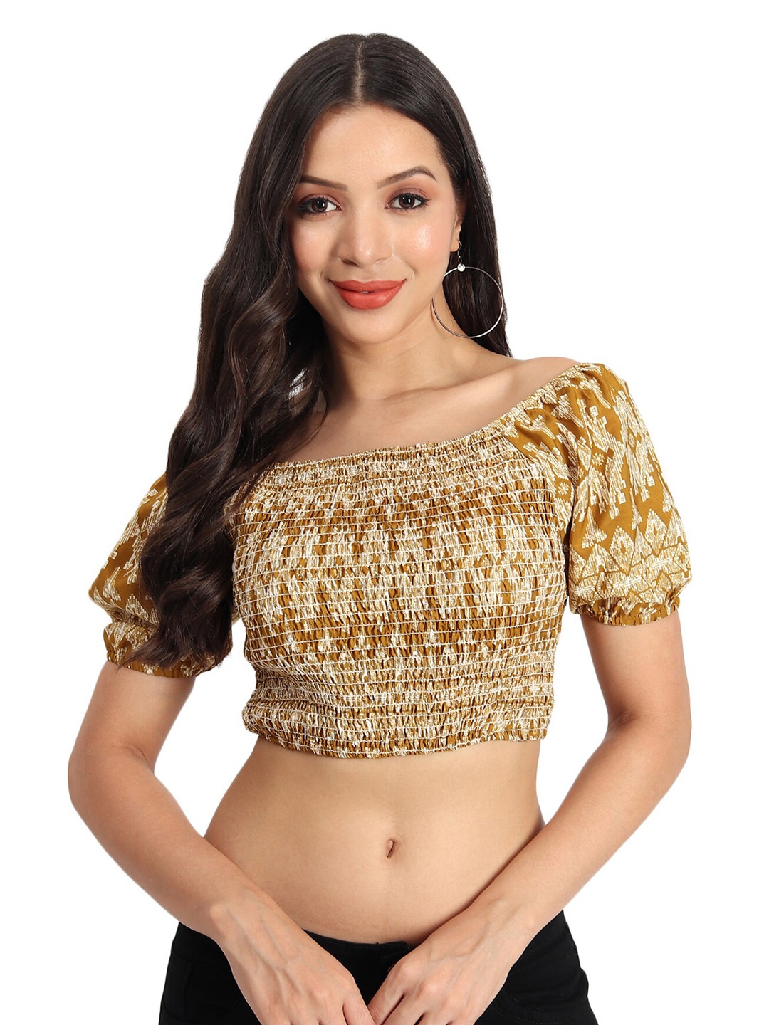 

BAESD Abstract Print Puff Sleeve Crepe Bardot Crop Top, Yellow