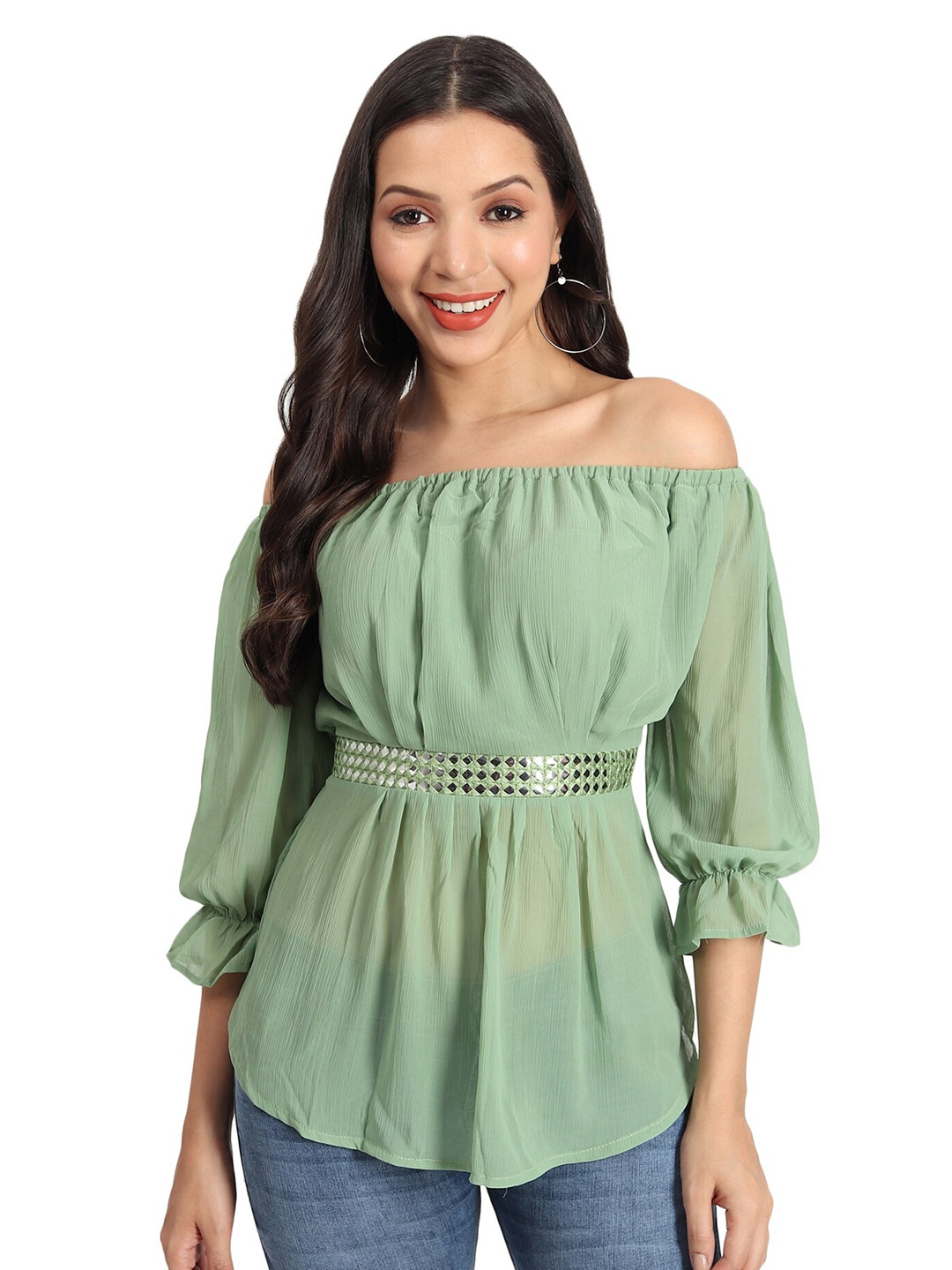 

BAESD Off-Shoulder Three-Quarter Bell Sleeves Peplum Top, Green