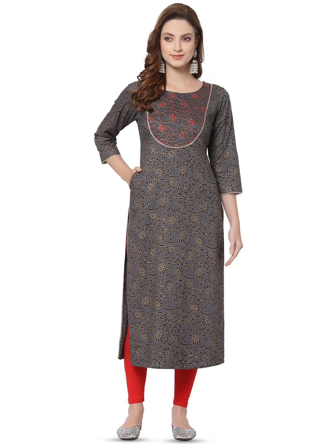 

AARYAHI Floral Printed Mirror Work Straight Kurta, Grey