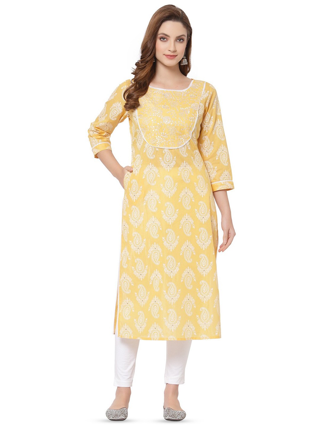 

AARYAHI Paisley Printed Sequinned Straight Kurta, Yellow