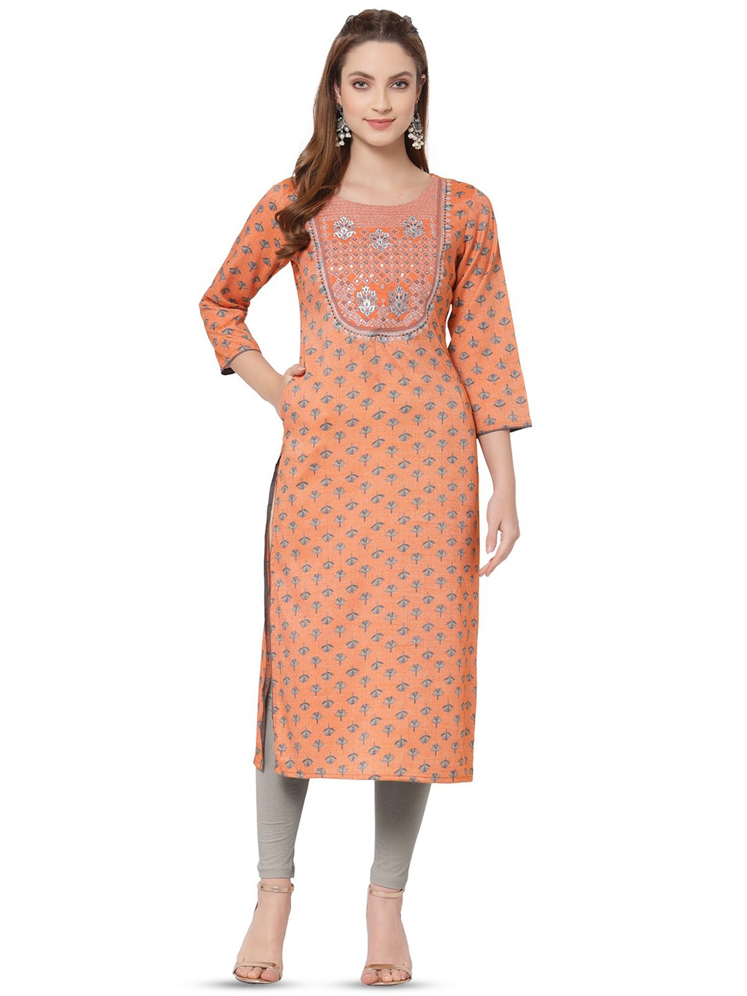 

AARYAHI Floral Printed Round Neck Mirror Work Straight Kurta, Orange